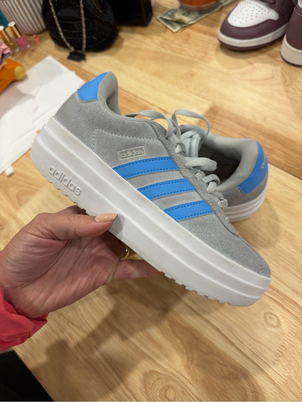 adidas Kids Gray Suede Sneakers with Blue Stripes